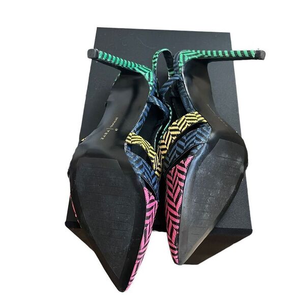 Zara Herringbone Multicolor Heels Pointed Toe Strappy Sz EU 41/10 US - Picture 5 of 6